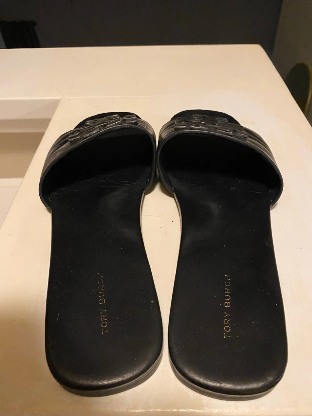 Tory Burch Black Leather Slide Sandals with Logo Strap